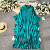 Patcute  Batwing Sleeve o-Neck Oversized Skirt Hem Chiffon Dress 2024 Spring New Women's Design Feeling Pleated Dress Trend Long Skirt