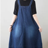 Patcute  Summer Black Blue Vintage A-line Dress Sleeveless Casual Vintage Denim Dress Pockets Overall Midi Jeans Dress Femme Sexy