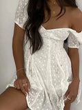 Patcute White lace embriodery summer beach dress women elegant hollow out lace up short dress off shoulder puff sleeve sheer dress 2024