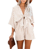 Patcute  Womens Sexy Strappy V-neck Romper Summer Loose Stripe Playsuit Ladies Fashion Holiday Pants Beach Lace Up Jumpsuit Ropa Mujer