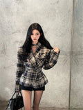 Patcute Aumumn Winter New Korean Vintage Skirt Sets Women Elegant Chic Plaid Coat + Sexy Slim Mini Skirt Office Lady Outfits 2 Piece Set