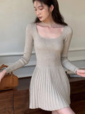 Patcute Elegant Solid Knitted Dress Women Long Sleeve Square Collar Autumn Winter Base Slim Dresses Korean Simple Pleated Vestidos New