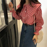 Patcute  Spring Autumn Vintage Blusas Mujer De Moda  Korean Fashion Peter Pan Collar Plaid Long Sleeve Blouses Single-breasted Shirts