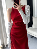 Patcute Korean Summer Elegant Slim Red Sleeveless Midi Dress Office Lady Fashion Spaghetti Straps Bodycon Split Clothes Women Vestidos