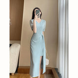 Patcute  Dress summer HIGH sense chic COLLECT WAIST TEMPERAMENT FOREIGN gas short sleeve show thin slim open fork dress