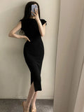 Patcute  Summer New Short Sleeve Women Folds Casual Charm Slim Fit High Waist Split Long Christmas Dress Sexy Wrap Hip Gentle Solid W9YK