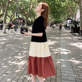 Patcute  Women Vintage Patchwork Mini Dresses Summer Casual Short Sleeve Pleated Dress Y2k Female Loose O Neck Streetwear Dress NS5678