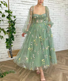 Patcute  Romantic Vintage Green Prom Dress Princess Puff Long Sleeve Floral Embroidery Women Evening Dress Cocktail Girls Birthday Outfit