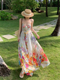 Patcute Women 2024 Summer Floral V-neck Sling Party Dress Bohemian maxi dress seaside vacation A-line elegant sexy Chiffon Flowing Dress