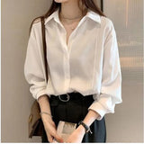 Patcute  Women's shirt white plain color loose oversized blouse women's Button blouse loose Korean 4 Colors M-4XL