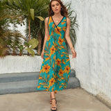 Patcute Tropical Print Dress Female Orange Flowers Vintage Maxi Dress V Neck High Waist Aesthetic Design Boho Beach Long Dresses