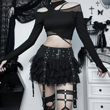 Patcute  Goth Dark Ruffles Mall Gothic Mesh Splice Mini Skirts Grunge Aesthetic Harajuku Buckle A-line Skirt Punk High Waist Alt Bottoms