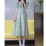 Patcute Dress Summer Women's Clothing Korean Version Midi Dress Off The Shoulder Floral French Retro Designer's Green Fashion Slim Skirt