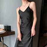 Patcute 100% Silk  Summer Women's New V-neck Slim Dress Satin Ladies Sexy Suspender Dress Long Dress