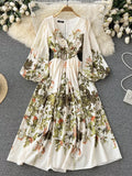 Patcute Spring Autumn Elegant Long Dress Women A Line Slim Long Sleeve V Neck Floral Dresses Ladies Vintage Party Long Robe Vestidos