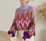 Patcute Purple Sequin Embroidery Lazy Sweaters Women Vintage Long Sleeve Turtleneck Autumn Winter Knitted Pullover Warm Jumper