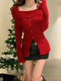 Patcute Winter Red Casual Knitted Sweater Woman Slim Korean Style Elegant Tops Office Lady Long Sleeve Fashion Pullover Design