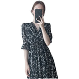 Patcute Vintage Korea Fashion Clothing Summer Slim Elastic Waist A Line V Neck Elegant Office Lady Floral Chic Chiffon Long Dress Retro