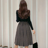 Patcute  Korean Elegant Knitted Plaid Patchwork Midi Dress for Women Long Sleeve O-neck Bird Lattice Bow Pleated Dress Autumn Winter