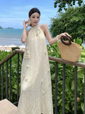 Patcute Summer New Elegant Flower Neck Pleated A-Line Loose Dress