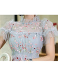 Patcute  High-Quality Luxury Design Runway O-Neck Ruffle Short Sleeve Summer Dress For Women Luxury Mesh Embroidery Flower Long Dres