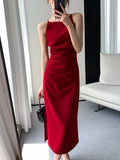 Patcute Korean Summer Elegant Slim Red Sleeveless Midi Dress Office Lady Fashion Spaghetti Straps Bodycon Split Clothes Women Vestidos