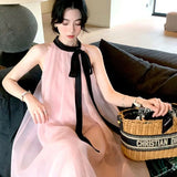 Patcute Summer New Loose Hanging Neck Tie Bow French Gentle Style Instagram Dress Women's Beach Vacation Skirt