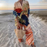 Patcute Elegant Printed Vocation Beach Set Fashion Lapel Button Shirt & Long Pants Outfits Women Causal Long Sleeve Loose Two Piece Suit