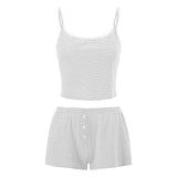 Patcute Casual Striped Loungwear Lace Trim V Neck Sleeveless Camis Crop Tops + Shorts Kawaii Pajamas 2 Piece Set Women Y2K Retro Outfits