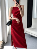 Patcute Korean Summer Elegant Slim Red Sleeveless Midi Dress Office Lady Fashion Spaghetti Straps Bodycon Split Clothes Women Vestidos