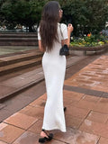 Patcute  White Knit Fashion Maxi Dress For Women Short Sleeve Patchwork Elegant Party Dress Lapel High Waist Knitwear Women's Dress