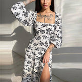 Patcute  Elegant Women's Sexy Dresses Full Sleeve  Open Back Summer Floral Lace Up Hollow Out Split Dress Female Robe S-XXXL