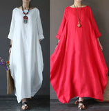 Patcute 5 Solid Candy Colors Womens O Neck Mid Sleeve Kaftan Maxi Dress Summer Autumn Cotton Linen Loose Dresses