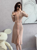 Patcute Women Fashion Design Double Breasted Knitted Casual Dress 2024 Autumn Korean Fashion V-Neck Elegant France Chic Dresses