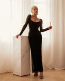 Patcute   Winter Black Formal Occasion Dresses Elegant and Beautiful Long Sleeve Bodycon Party Evening Dresses Long Vestidos