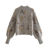 Patcute  Casual Beading Floral Embroidery Pullover Warm Sweaters Women Tops Boho Long Knitted Loose Sweater Autumn Winter Jumper