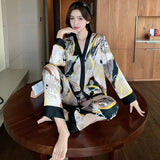 Patcute  Women's New Ice Silk Long Sleeve Cardigan Two Piece Spring Autumn Thin Pajama Set V Neck Design Luxury Silk Homewear Pajamas