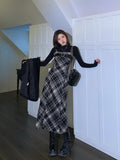 Patcute Autumn Elegant Plaid  2 Piece Dress Set Women Outwear Casual Black Blouse + Vintage Slim Strap Dress Korean Fashion Suit