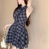 Patcute Women Summer Plaid Sleeveless Mini Shirt Dress