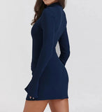 Patcute   Dark Blue Two Pocket Sexy Mini Dress For Women Autumn Winter New Long Sleeve Bodycon Club Party Dress Elegant