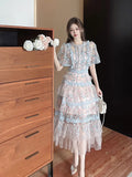 Patcute  Summer 2024 New  Fashion Runway Dresses Women Round Collar Short Sleeve Mesh Mosaic Flower Cake Dress Vestido