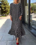 Patcute  Elegant polka dot print women dress  Spring summer 3/4 sleeve o-neck hem ruffle long maxi dress African casual clothes