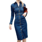 Patcute  Autumn New Chic Women Jeans Dresses Fashion Solid Single Bresated Long Sleeve Belt Office Ladies Casual Elegant Slim Dress