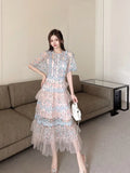 Patcute  Summer 2024 New  Fashion Runway Dresses Women Round Collar Short Sleeve Mesh Mosaic Flower Cake Dress Vestido