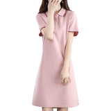 Patcute  Woman New 100% Cotton Soft Dress Polo Collar Long Loose Large Size Pullover Sweater Spring Summer Short Sleeve Bottoming Dress