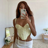 Patcute Women Corset Top Lace Floral Print Ruched Tie Camis Crop Top Slim Fit Low Cut Vests Tanks Tops Trendy Y2k Backless Bones Bustier