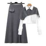 Patcute 2024 New Autumn Dress Sets Female Loose Knit Shawl+Long Sleeve Shirt+High Waist Knitted Half Skirt Three Piece Set