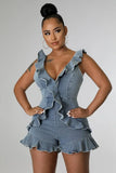 Patcute  V-Neck Ruffled Open Back Denim Jumpsuit Sexy Women Y2K Romper Sleeveless Summer Skinny V Neck Playsuit Streetwear Outfit