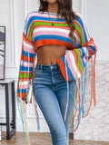 Patcute   Rainbow Striped Tassel Crop Sweater Women  Autumn New Long Sleeve Streetwear Y2K Fashion Loose Knitted Pullovers