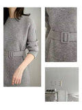 Patcute Autumn Winter Knitted Dress  O-Neck Long Sleeve Party Midi Dress for Women Elegant Pink Gray A-line Sweater Dresses Ladies